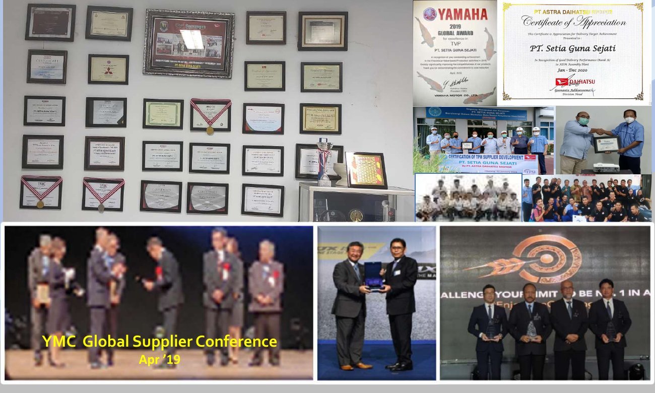 Kumpulan penghargaan dan sertifikat SGS, termasuk YMC Global Supplier Conference April 2019